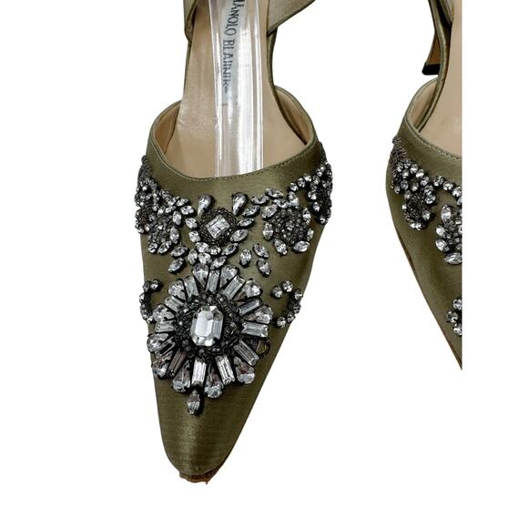 Manolo Blahnik Olive Green Satin Crystal Jeweled Luxury Slingback Heels 39.5 - Picture 3 of 8